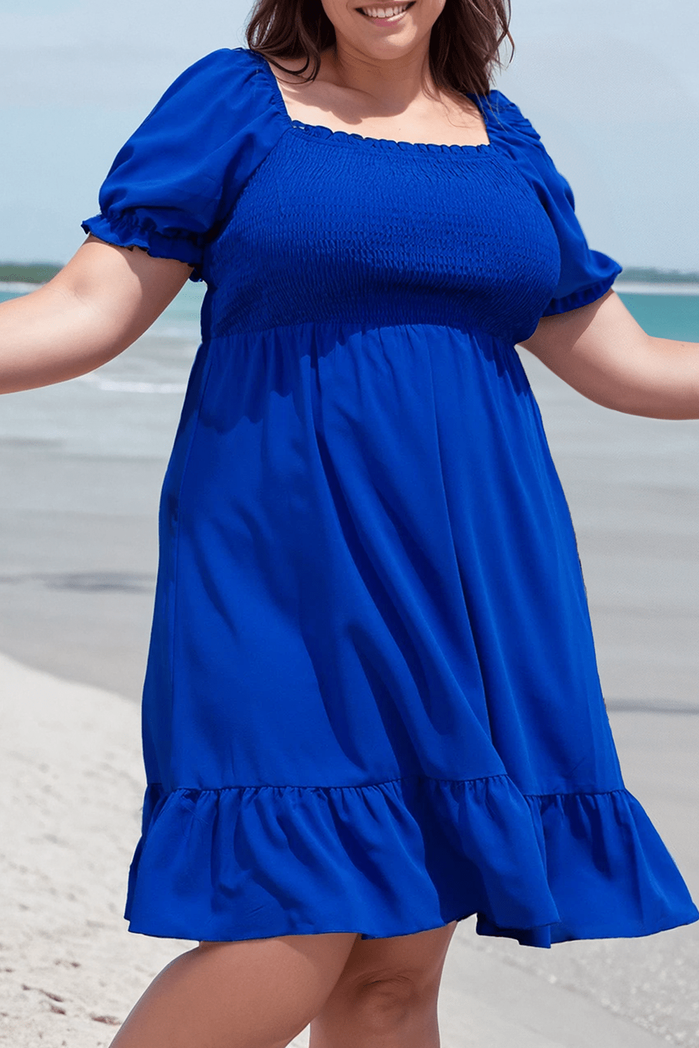Plus Size Shirred Ruffled Square Neck Mini Dress