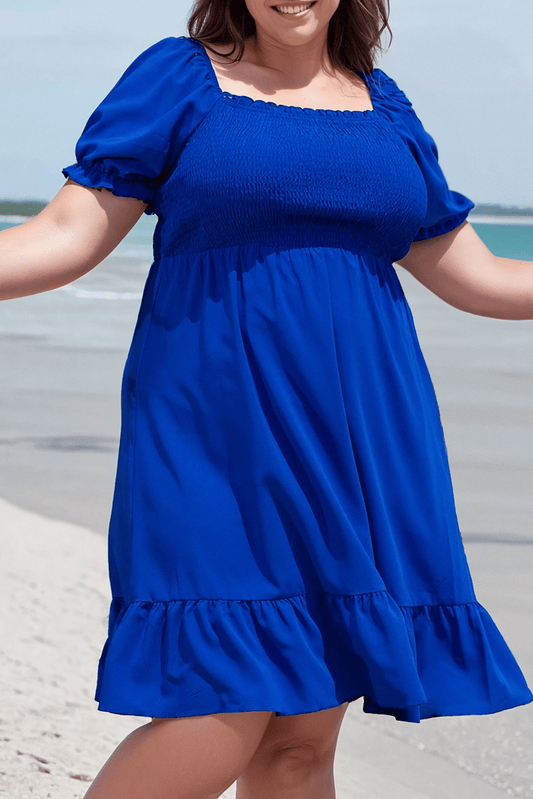 Plus Size Shirred Ruffled Square Neck Mini Dress