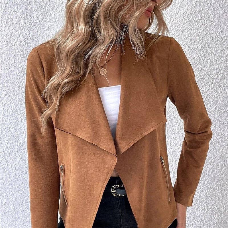 Faux Fur Collar Zip-Up Short Jacket with Long Sleeves