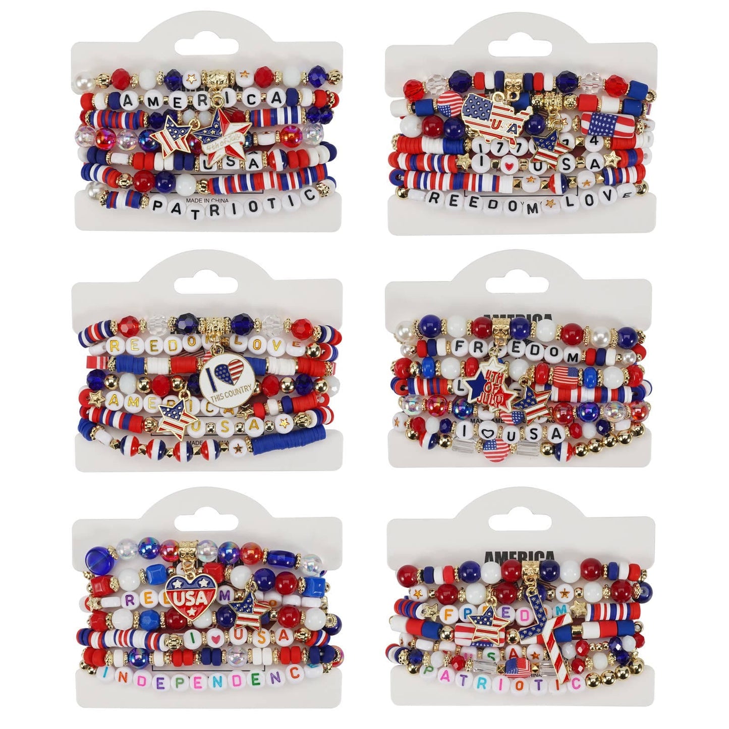 4th of July Patriotic Stackable Beaded Bracelet Set