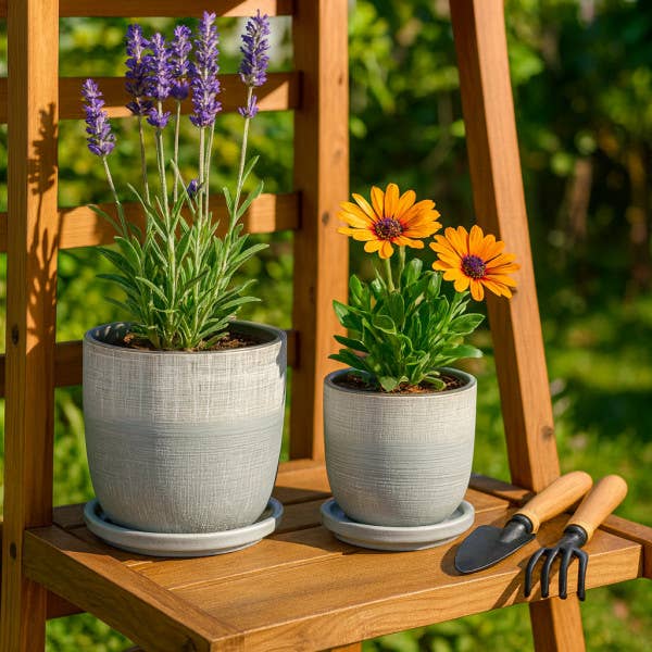 Planters Set of 2 - Silver Ceramic Textured Saucer, 5/6 in.