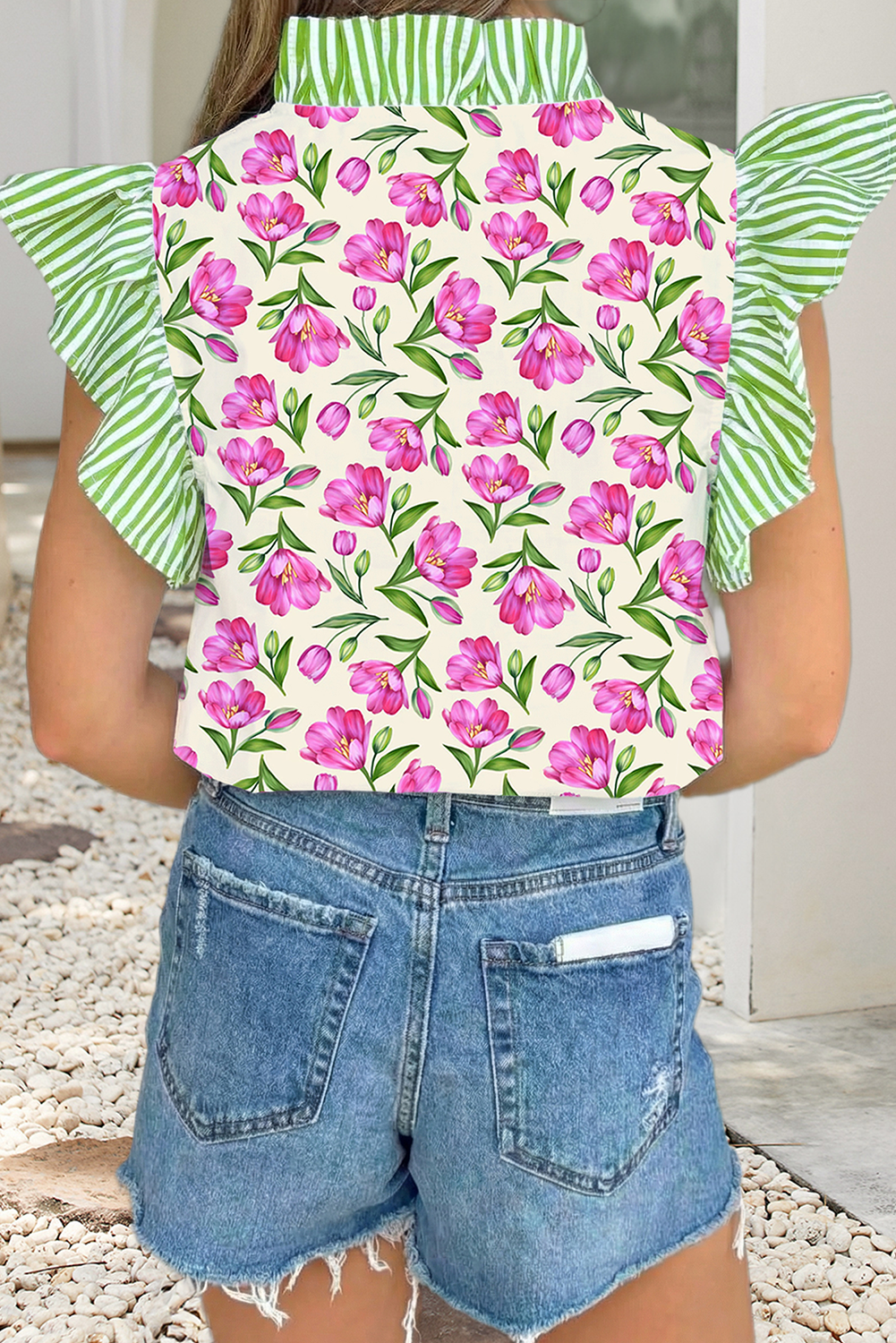 LDC Floral Striped Short Sleeve V Neck Blouse