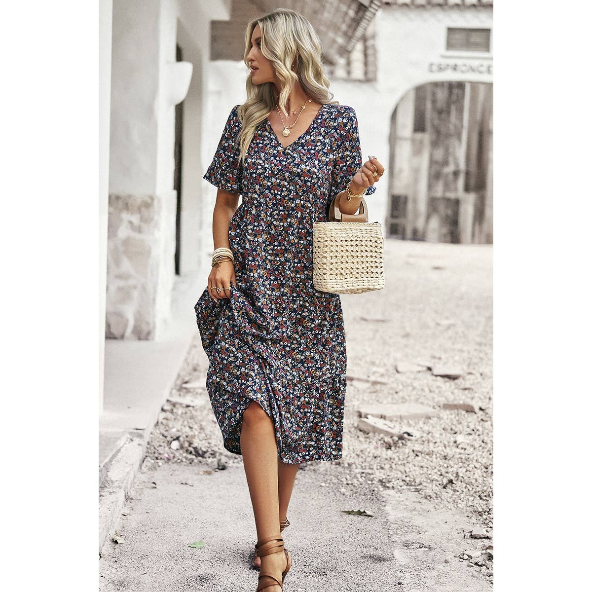Floral Print Fit Ruffle Sleeve Midi Dress