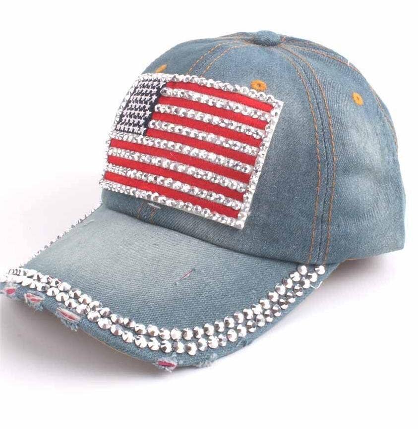 Fourth of July American flag rhinestones baseball cap
