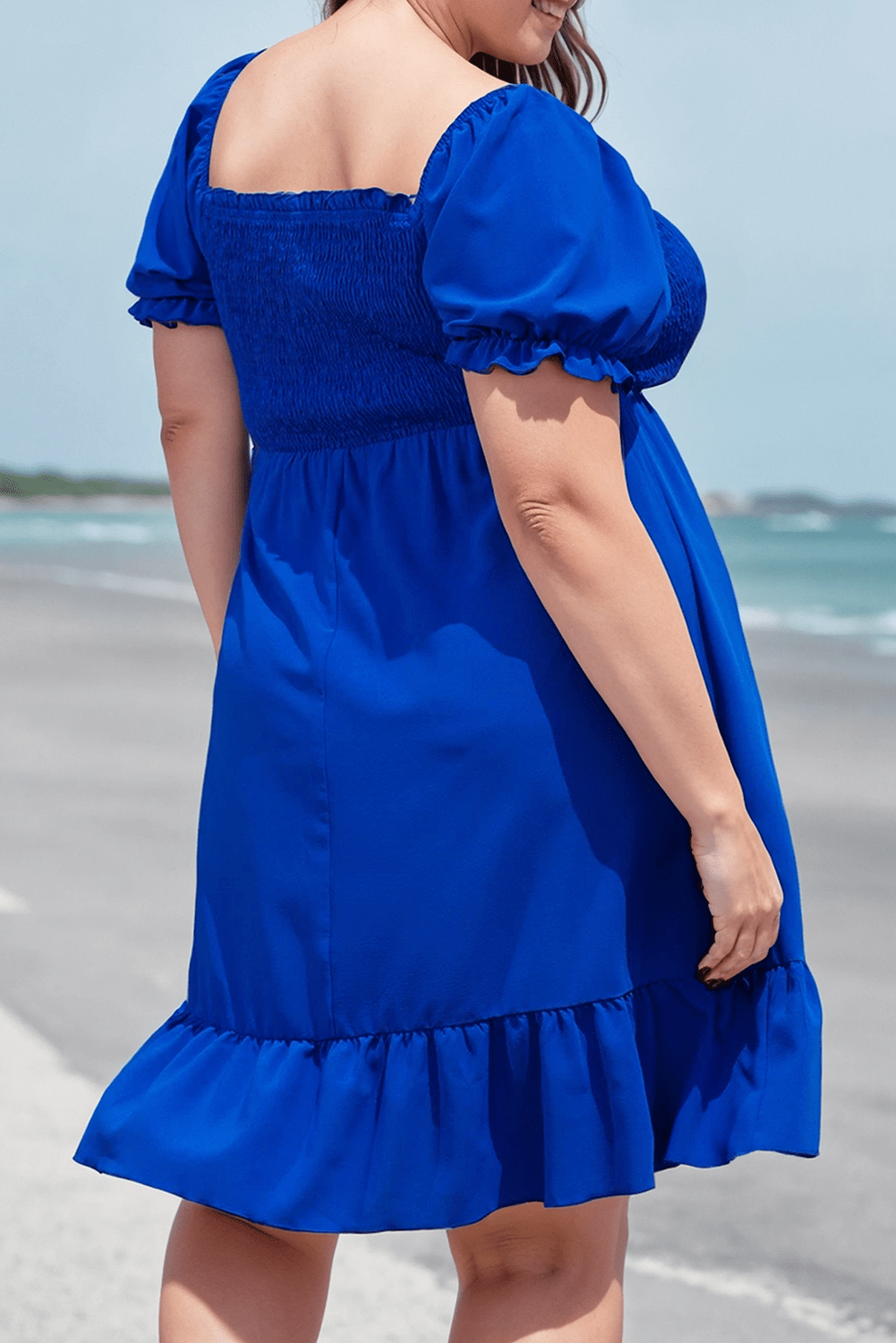 Plus Size Shirred Ruffled Square Neck Mini Dress