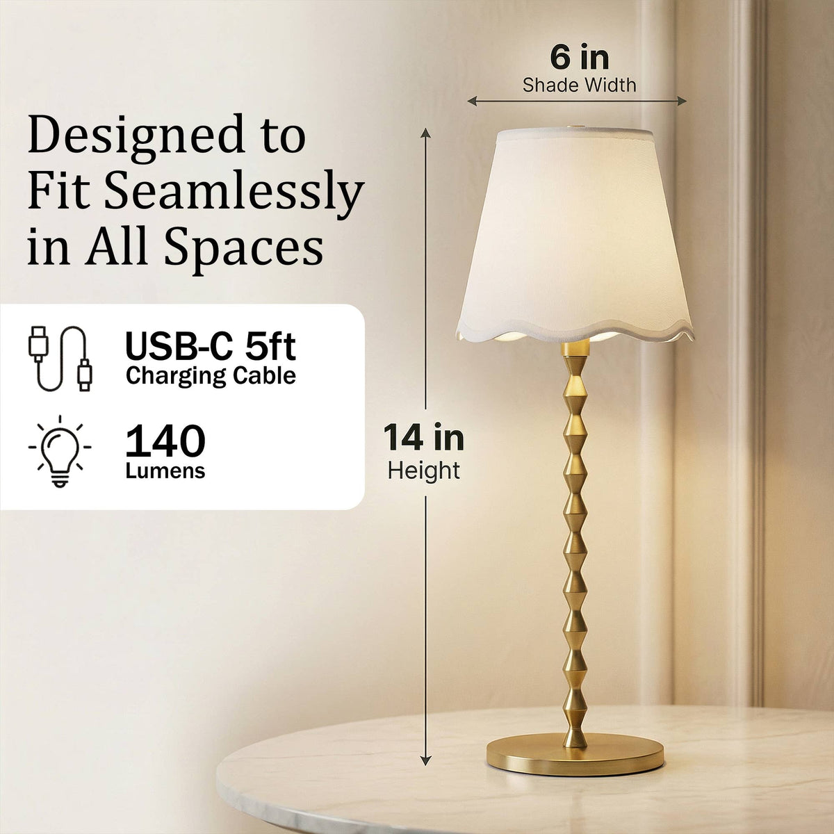 Diamond Stem Scallop Shade Rechargeable LED Dimmable Lamp