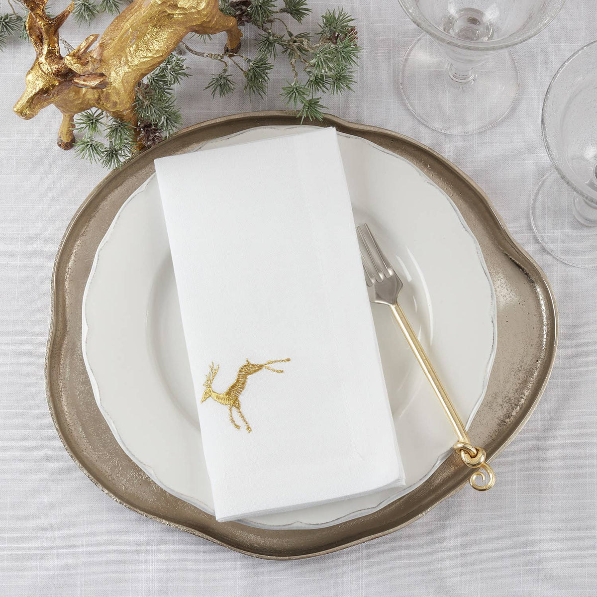 Embroidered Gold Reindeer White 20" Cloth Napkin