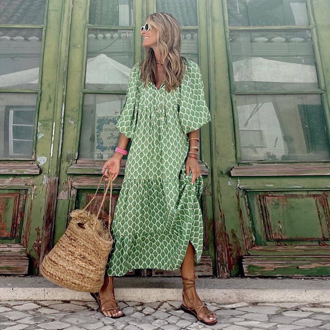 Geometric Abstract Collage Puff Sleeve Dress