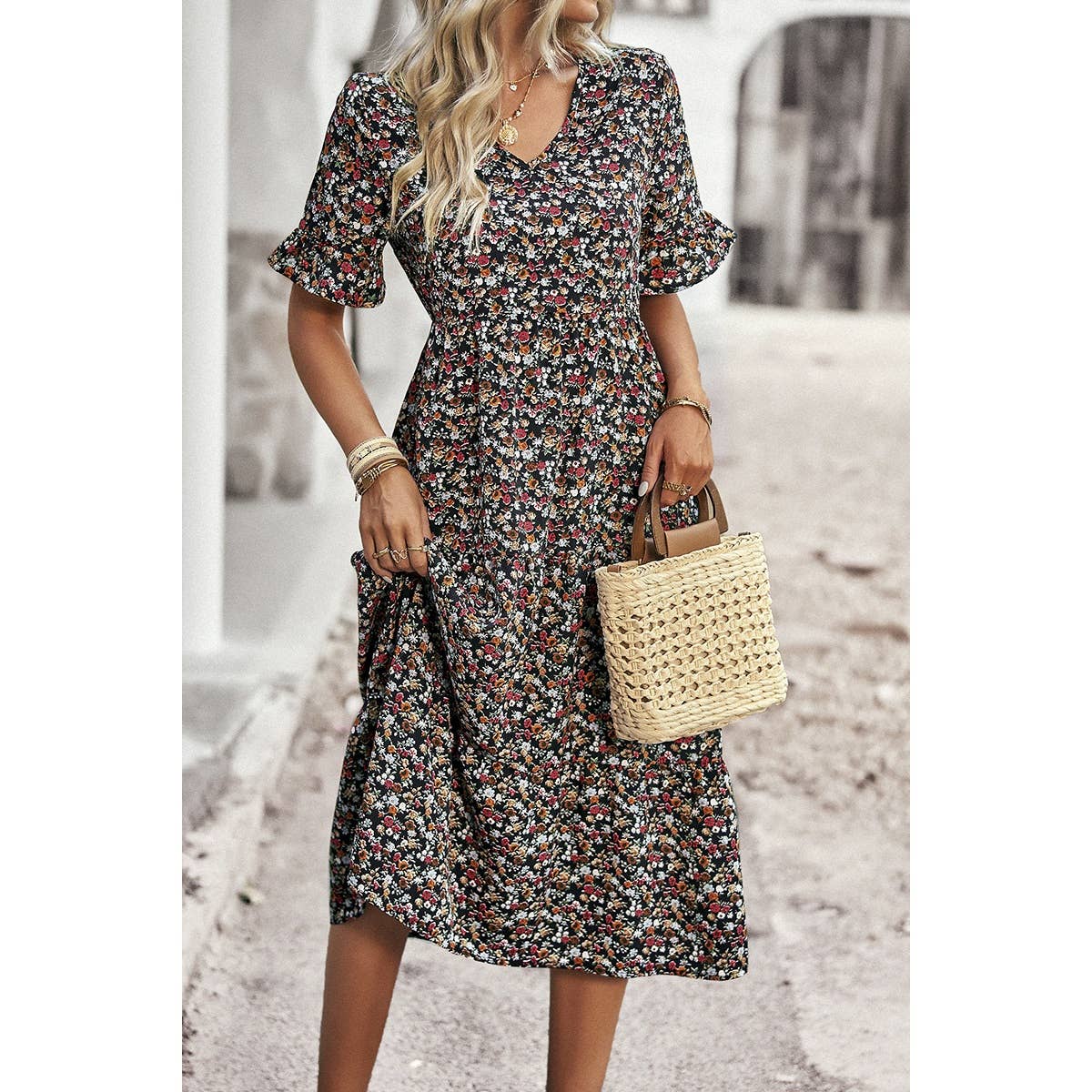 Floral Print Fit Ruffle Sleeve Midi Dress