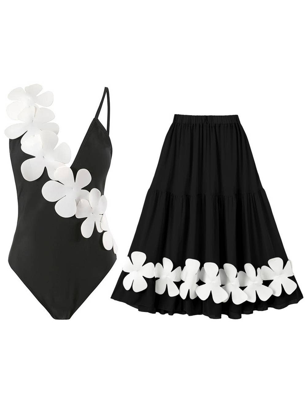 2PC Set Flower Shoulder One Piece Swimwear