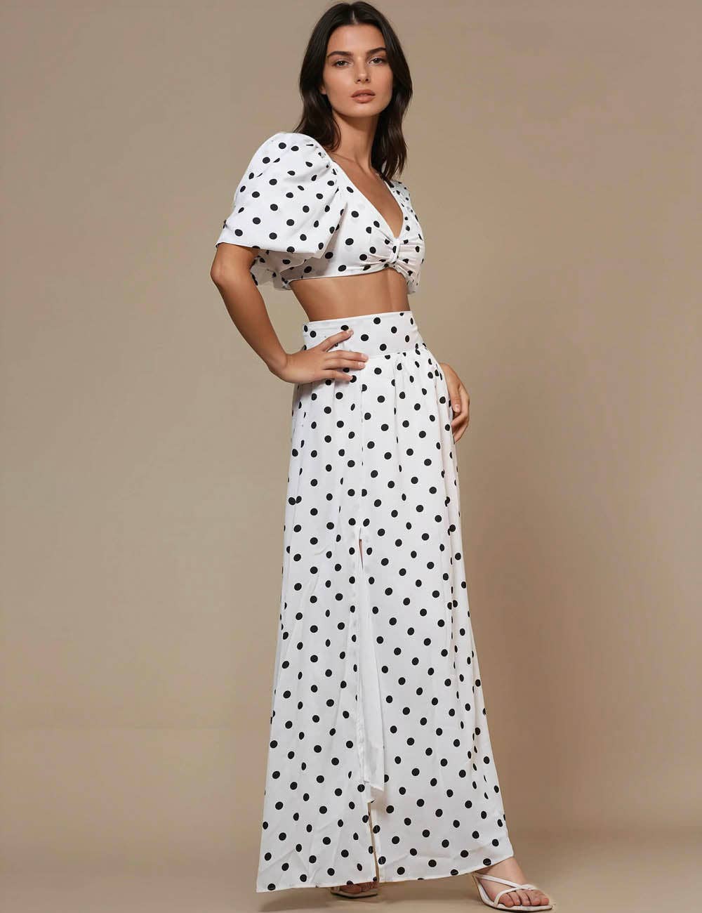 Ladies Polka Dot Crop Top Midi Skirt 2PCS Set