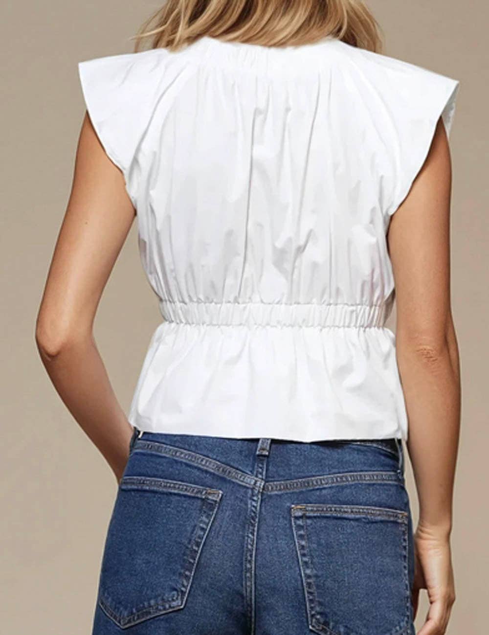 Ladies V-neck Waist Bowtie Sleeveless White Top SKT51005