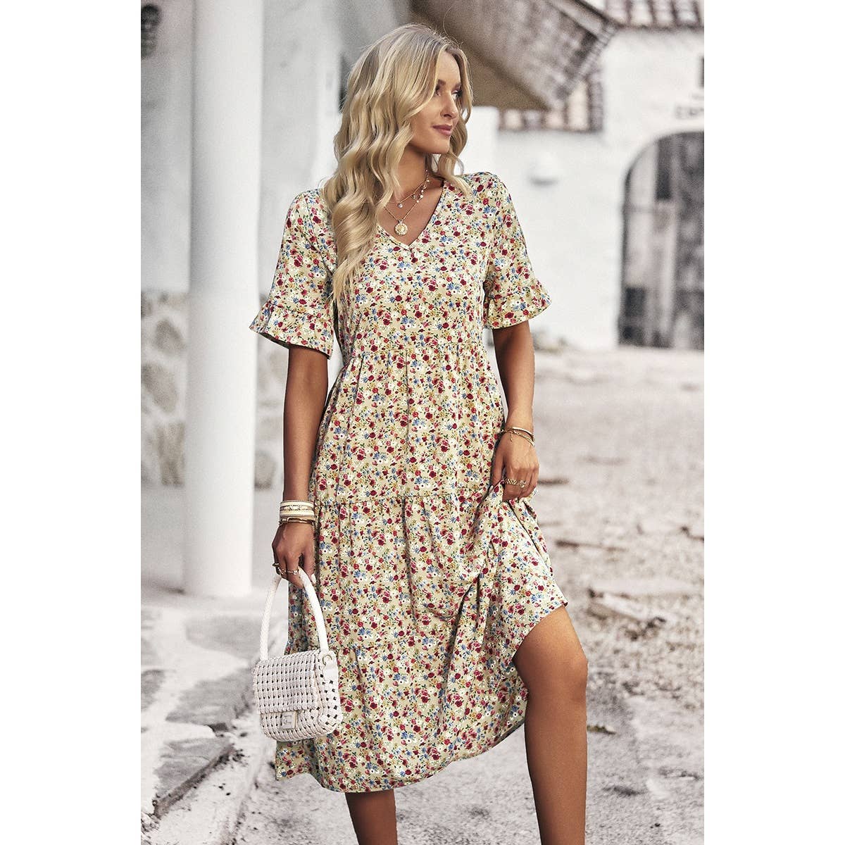 Floral Print Fit Ruffle Sleeve Midi Dress