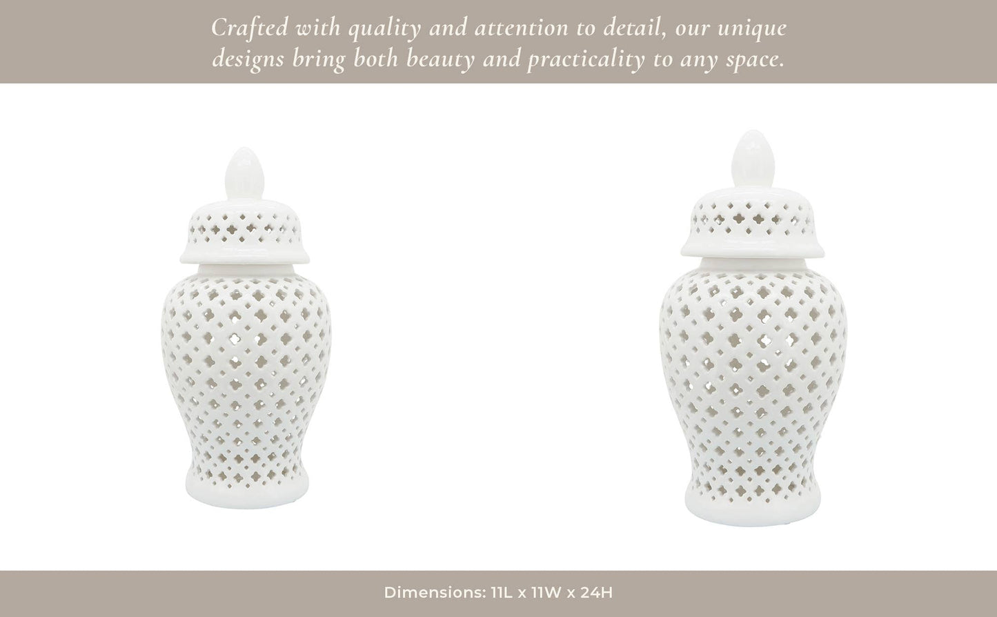 Decorative Temple Jar - White Ceramic Cut-out Clover, 24 in.