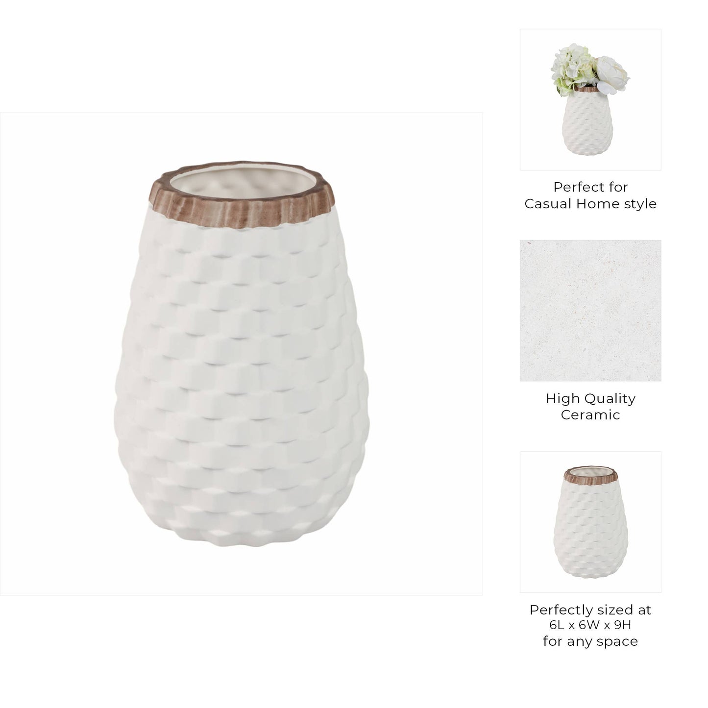 White 9 in. Ceramic Novelty Geometric Textured Vase