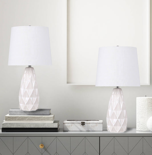 Ceramic Table Lamp w/ Faceted Base & Linen Shade 20.5”