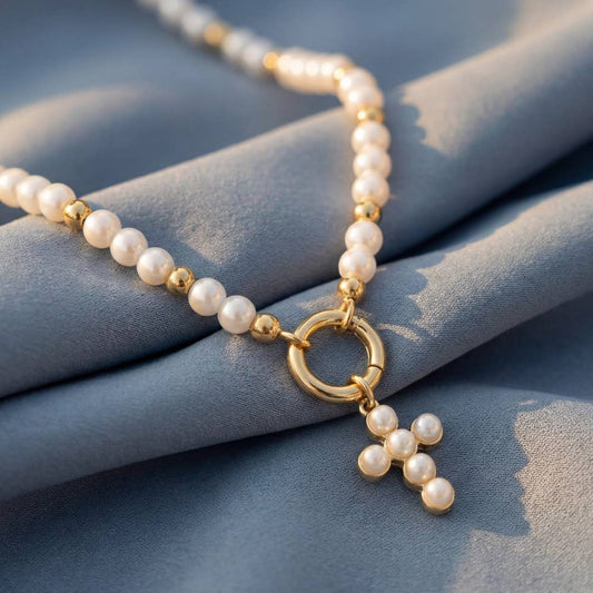 Cross Pendant Pearl And Metallic Beaded Necklace