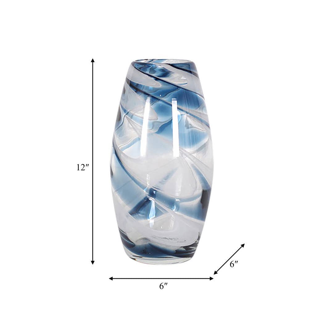 Glass Hand Blown Coastal Swirl Vase - Blue, 12 in.