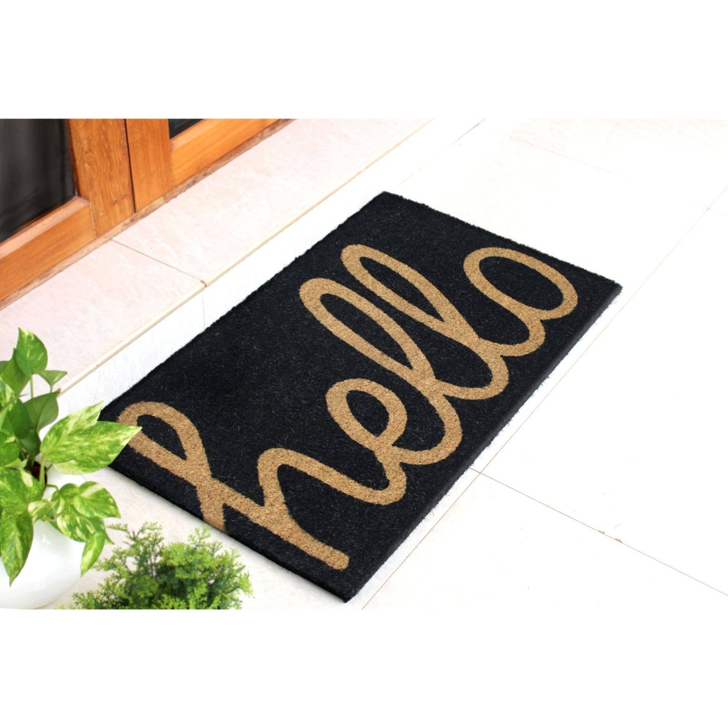 Black Machine Tufted Black Hello Doormat, 18" x 30"