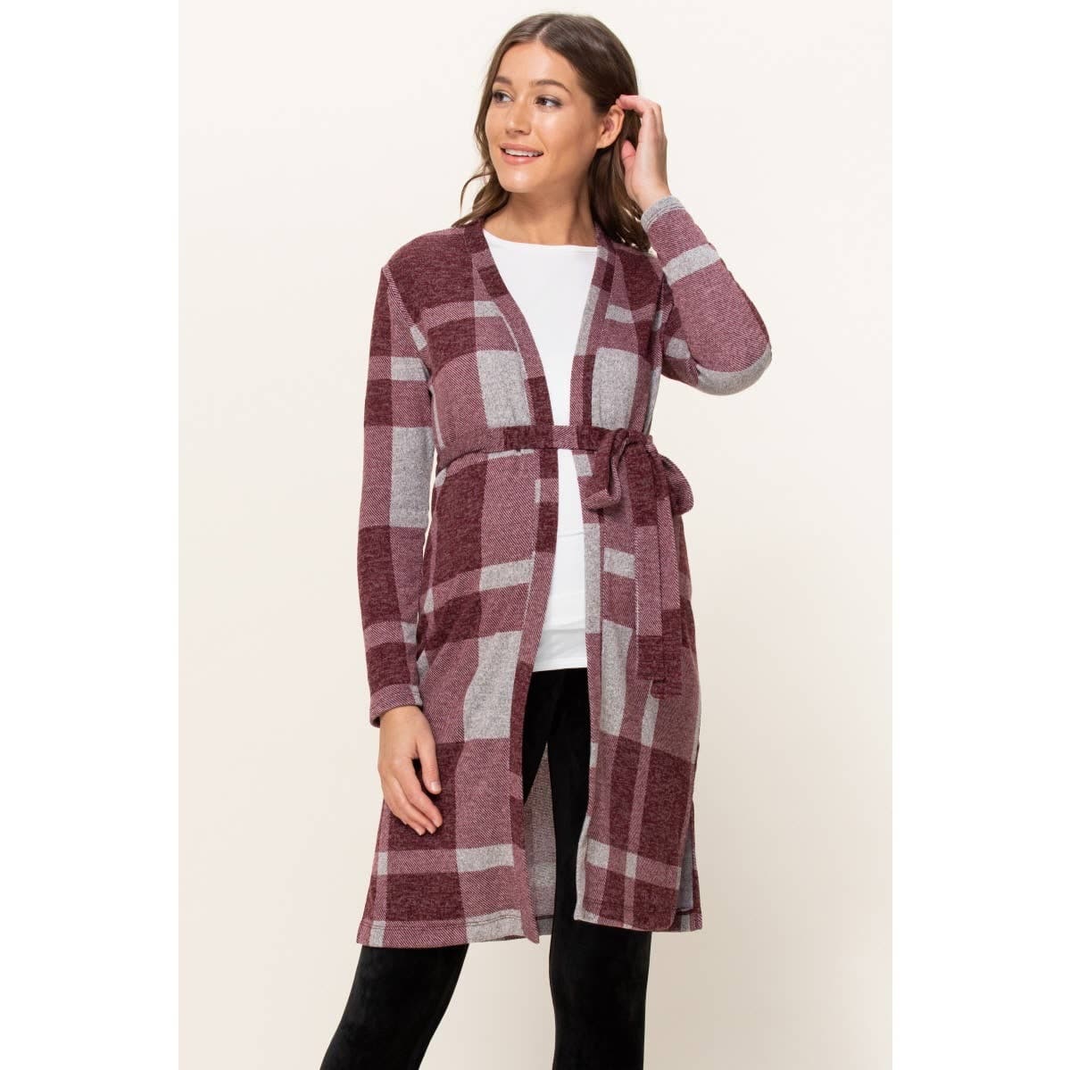 Plaid Maternity Knit Cardigan with Tie Belt