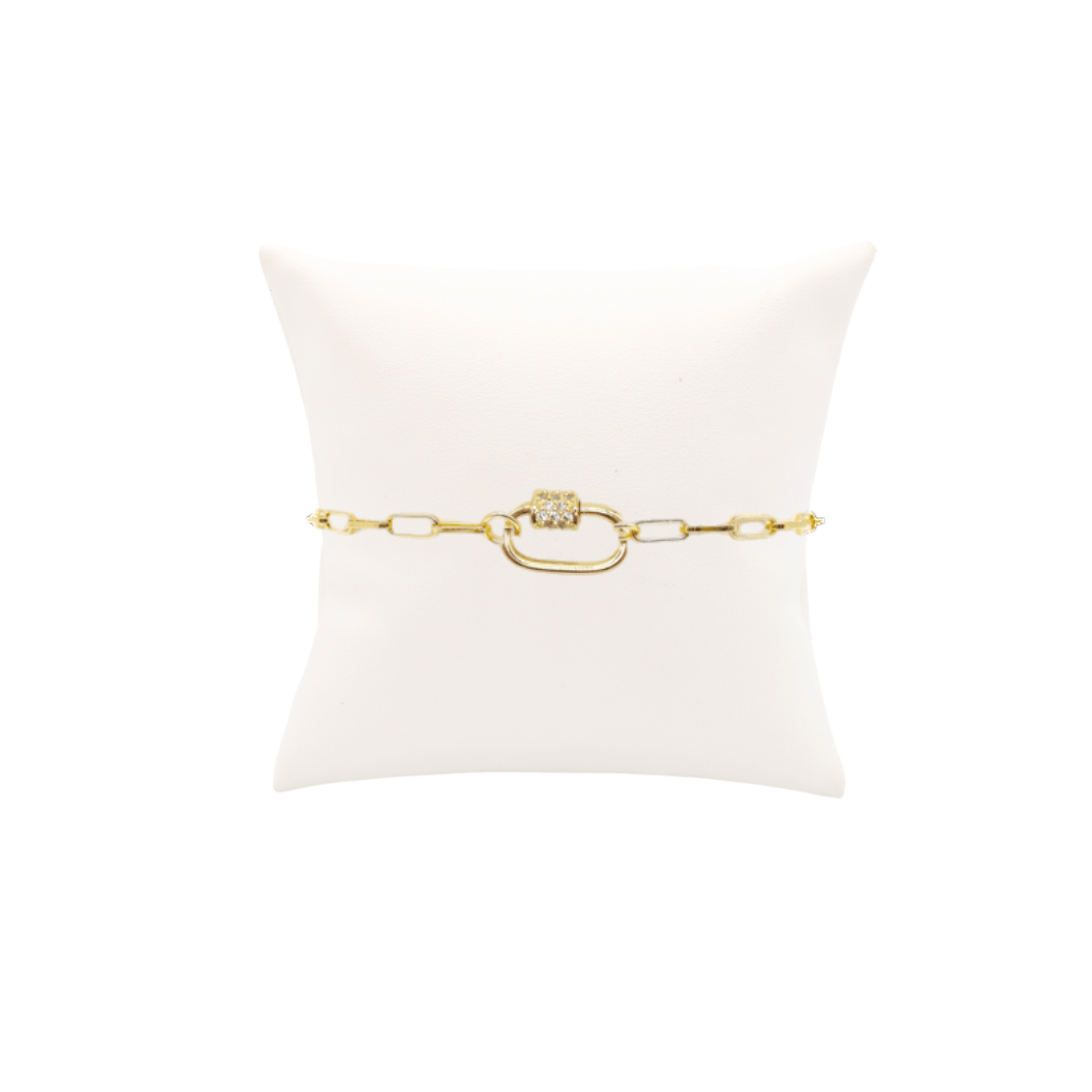 Gold Ashley (Box) Paperclip Chain Charm Bracelet with Clear Cubic Zirconia Small Gabi Carabiner
