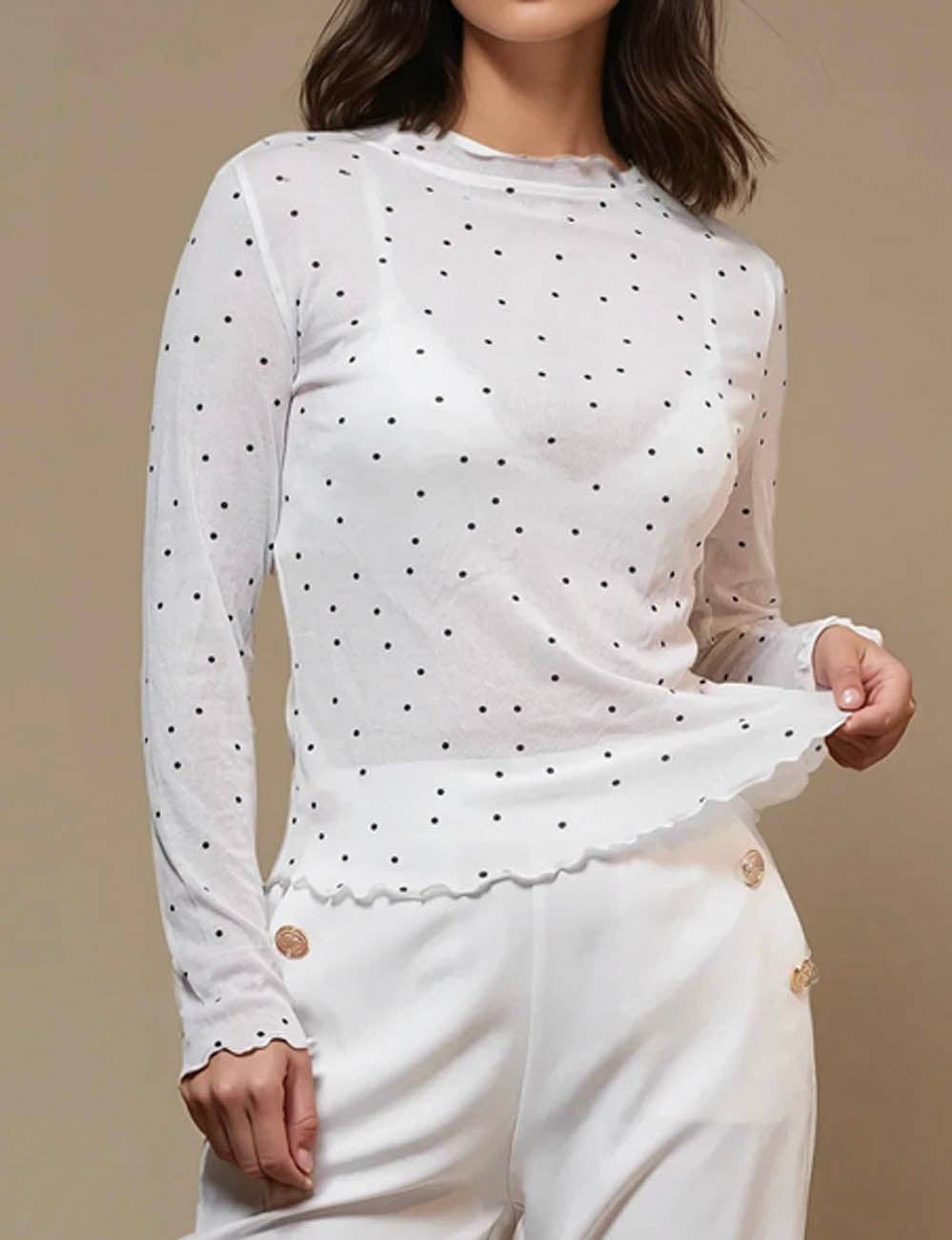 Ladies Dot Print See Sheer Layring Top SKT50744
