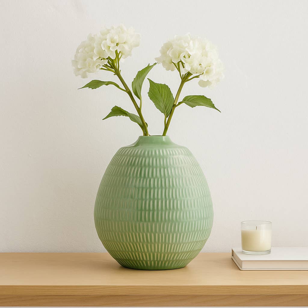 Ceramic Oval Stripe Decorative Vase - Green, 7 in.