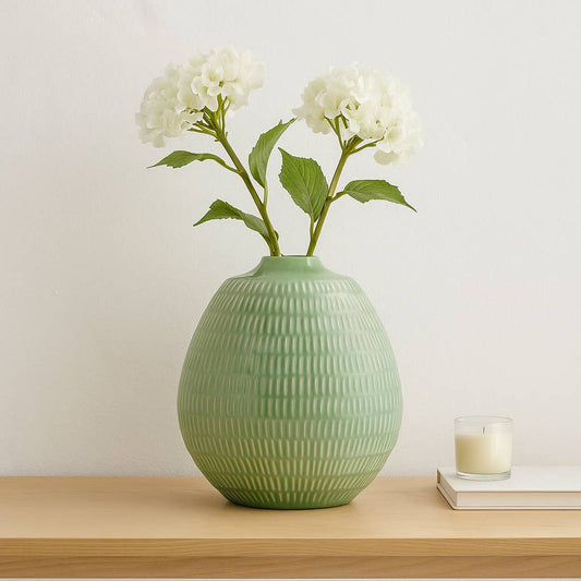 Ceramic Oval Stripe Decorative Vase - Green, 7 in.