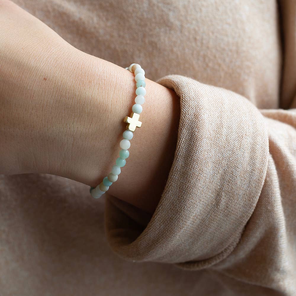 Faith Over Fear Amazonite Stretch Bracelet w/ Cross