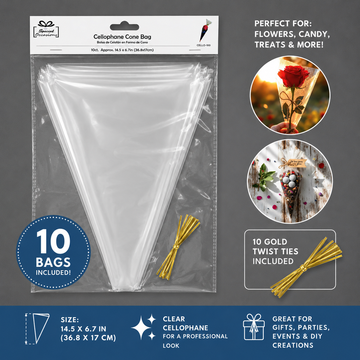 Cellophane Cone Bags with Twist Ties, 10ct, 14.5 x 6.7 in