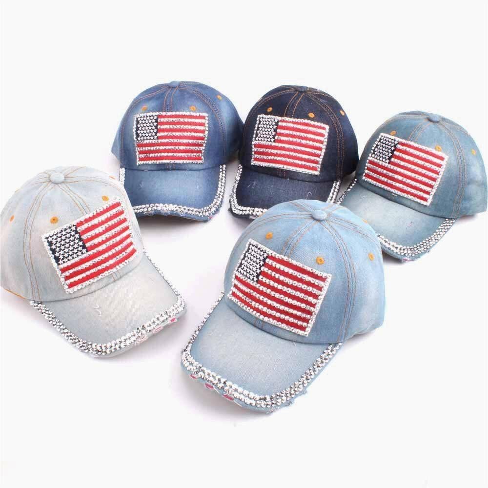 Fourth of July American flag rhinestones baseball cap