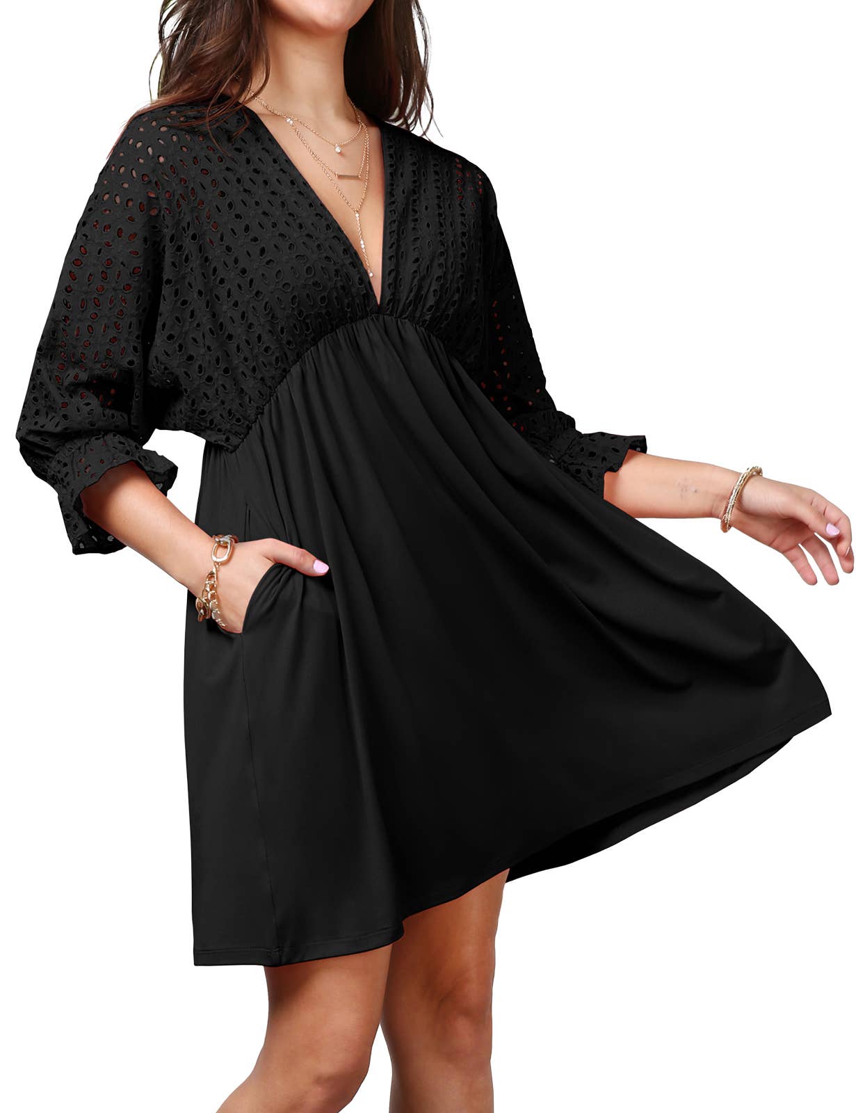 CWDSD10370_COTTON EYELET CONT BODICE WITH 3/4 SLEEVE DRESS