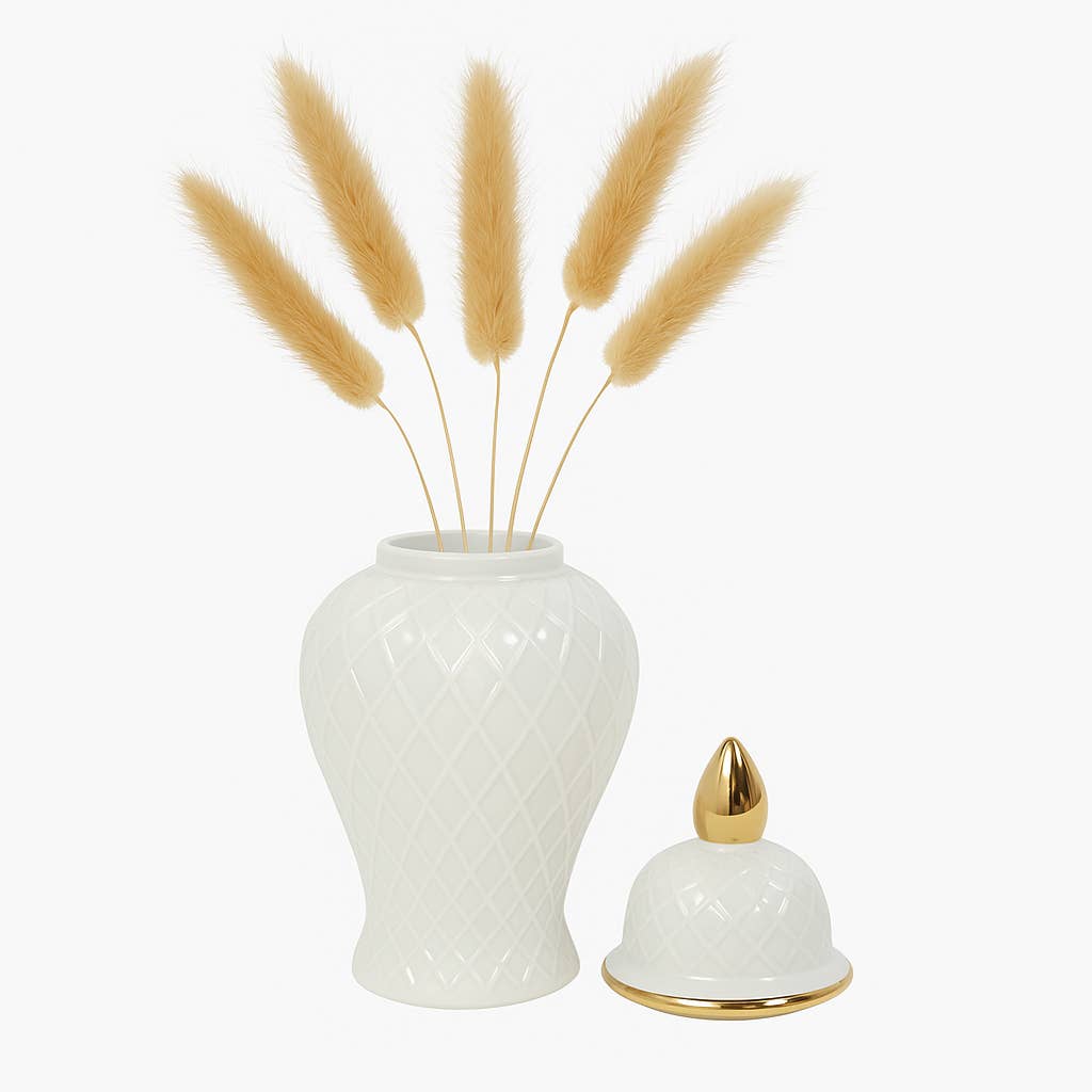 Ceramic Rope Lidded Decorative Temple Jar - White, 14 in.