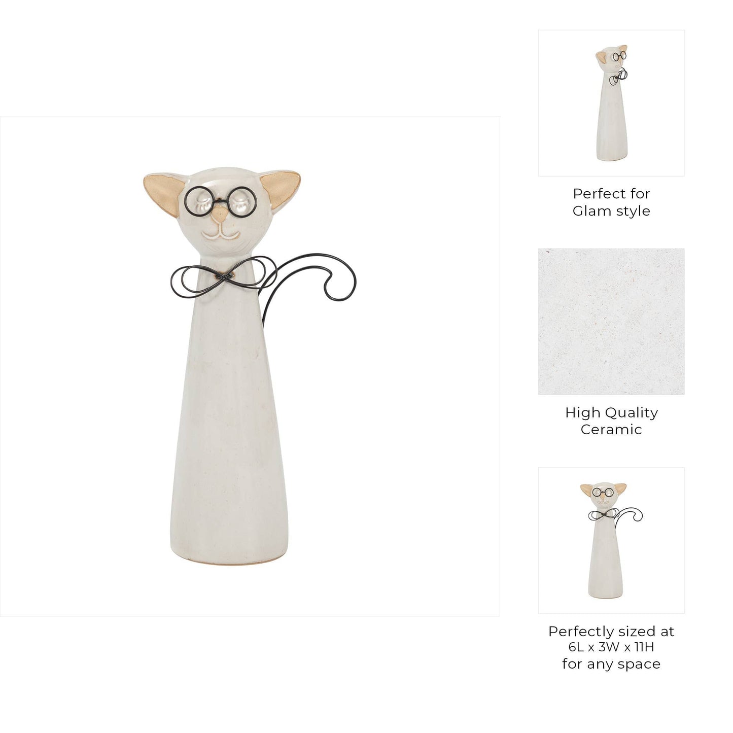 Ceramic Cat Figurine with Glasses and Bow - White, 11 in.