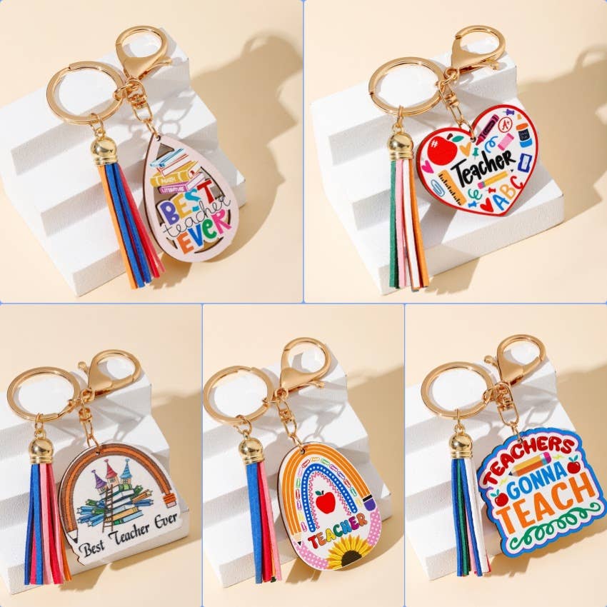 Rainbow Wooden Plaque Tassel Keychain Pendant