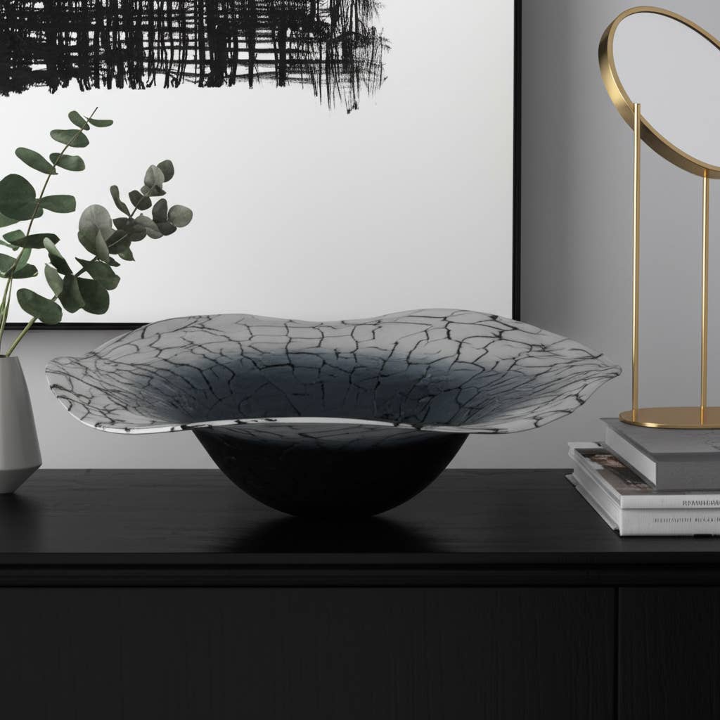 Decorative Bowl - Black Glass Cracked Veining, 12 in.