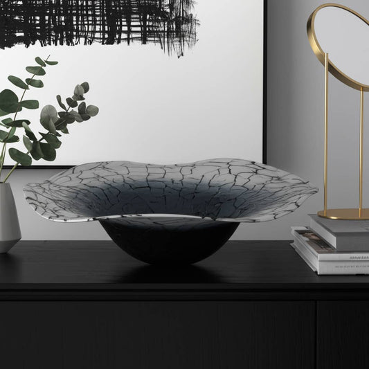 Decorative Bowl - Black Glass Cracked Veining, 12 in.