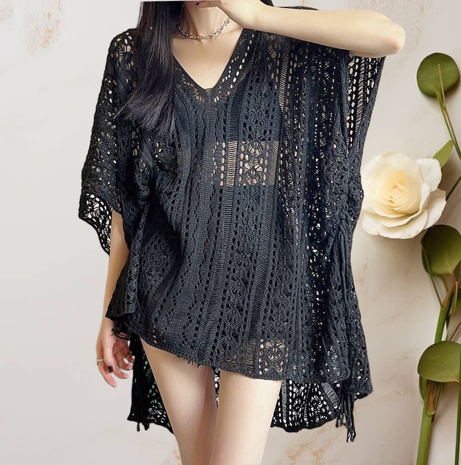 JC063308 Sided-Tassel Detailed Crochet Tunic