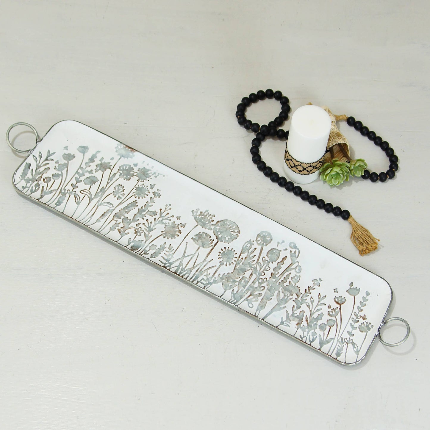 VIP Metal 33 in. Silver Wildflowers Tray w/ Loop Handles