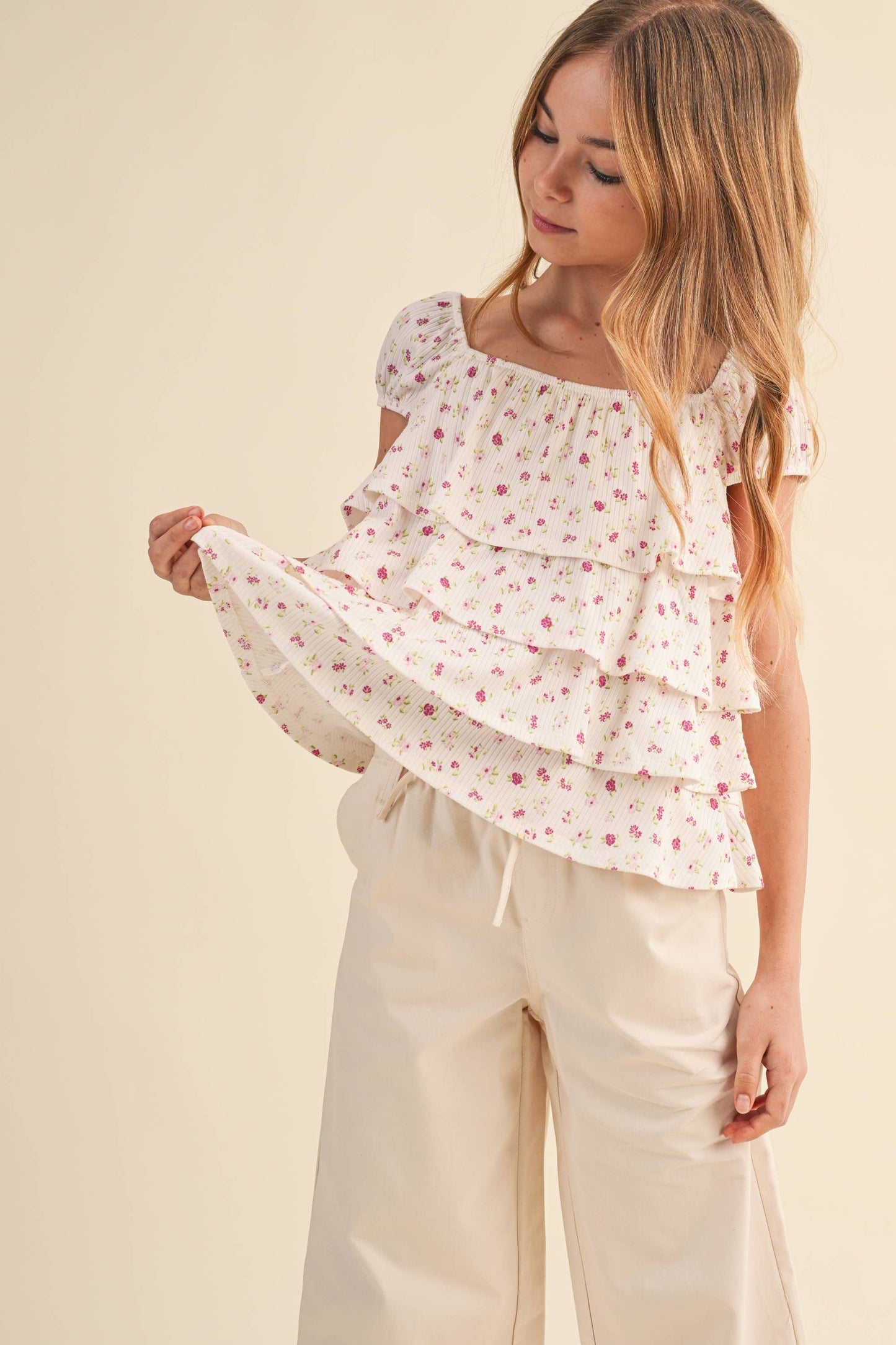 TWEEN KIDS GIRLS RUCHED SHOULDER RUFFLE CROPPED TOP (7-14)