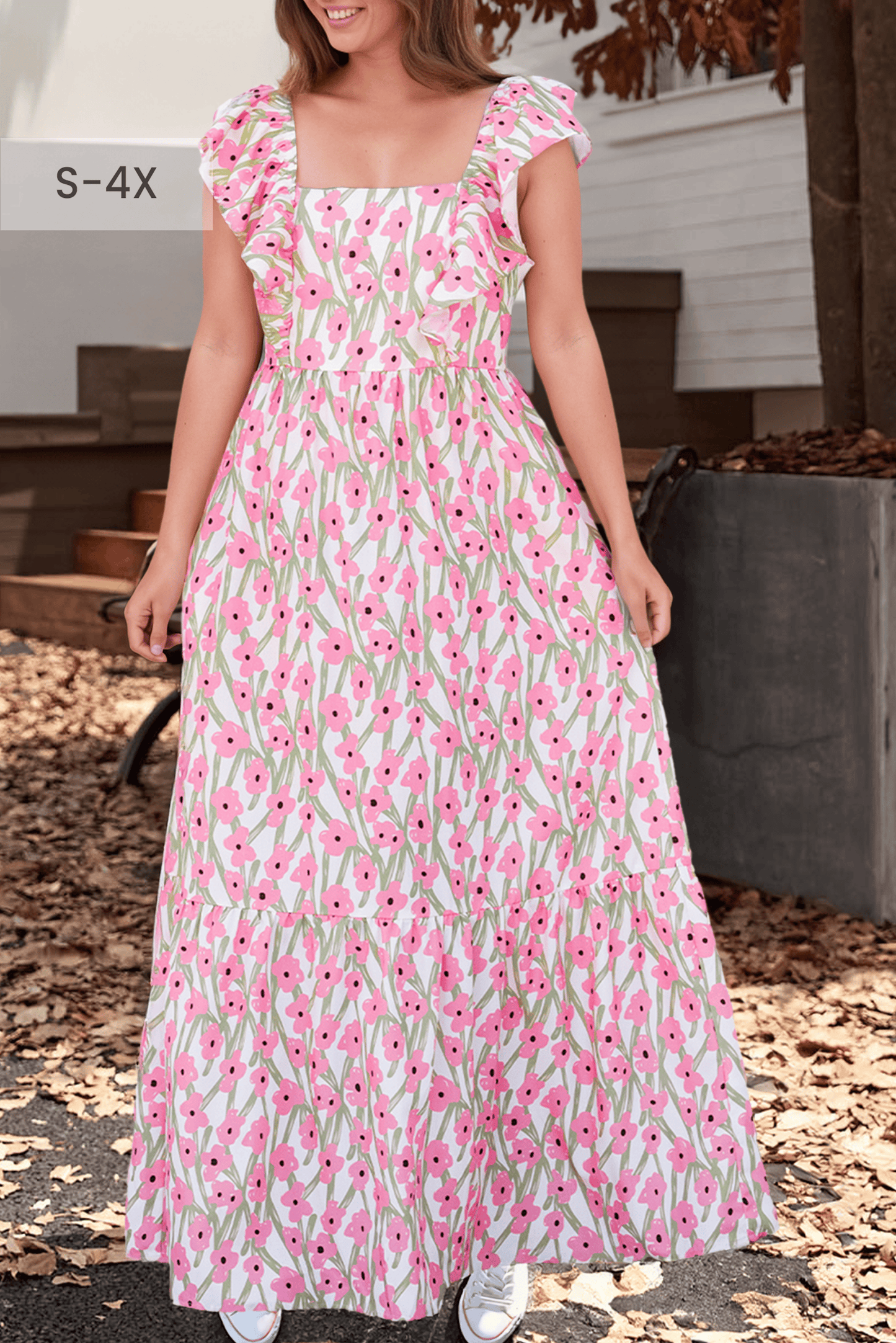 Plus Size Ruffle Trim Square Neck Floral Maxi Dress (S-4X)
