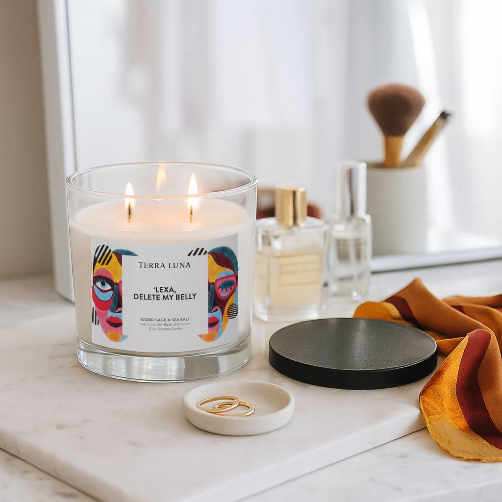 Decorative Candle - White Glass "Delete My Belly", 12 Oz