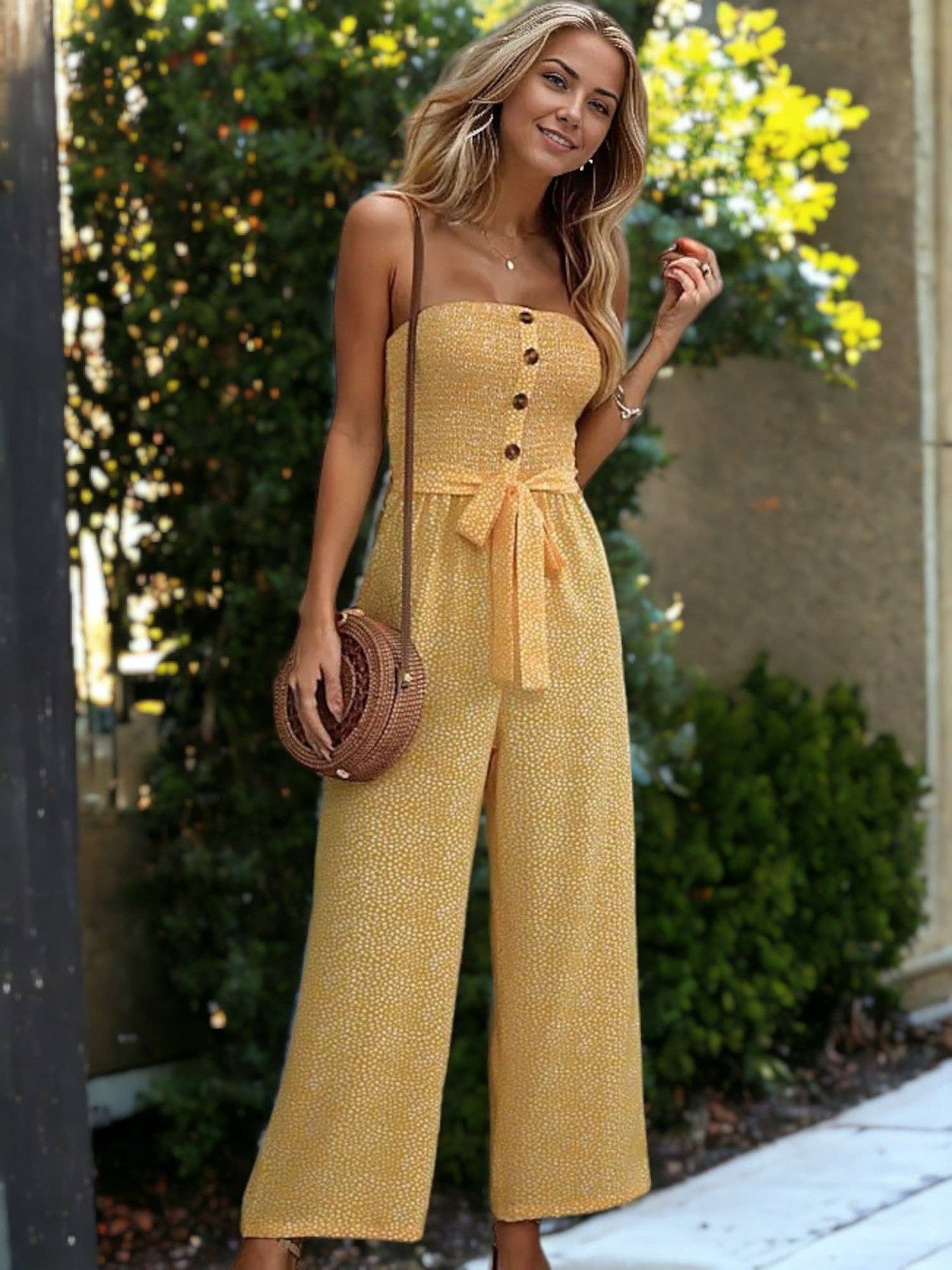 Buttoned Smock Ribbon Strapped Jumpsuit For Women