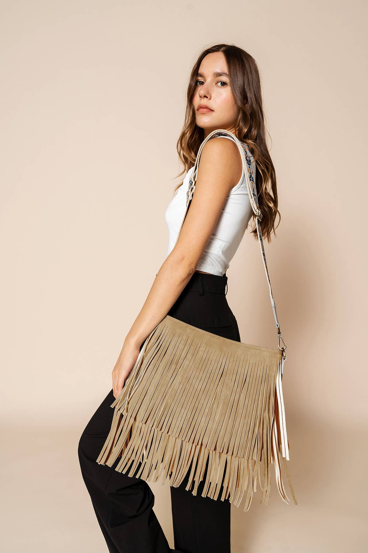 M2045 Sadie Suede Fringe Crossbody w/ Guitar Strap