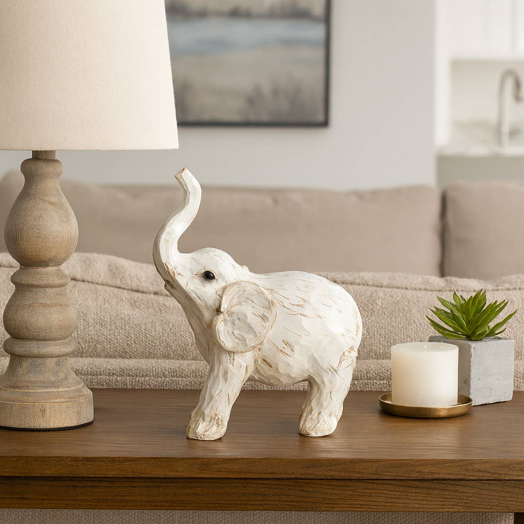 Resin Elephant Statue Decorative Sculpture - White, 8 in.