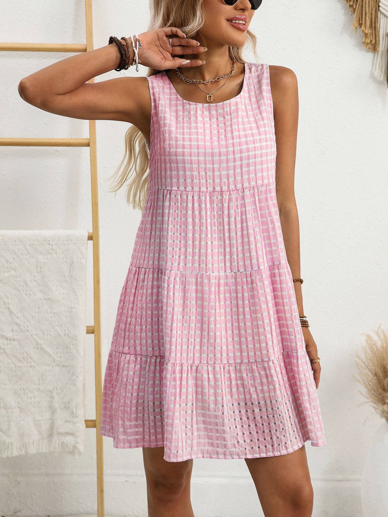 Checkered Tiered Sleeveless Mini Dress