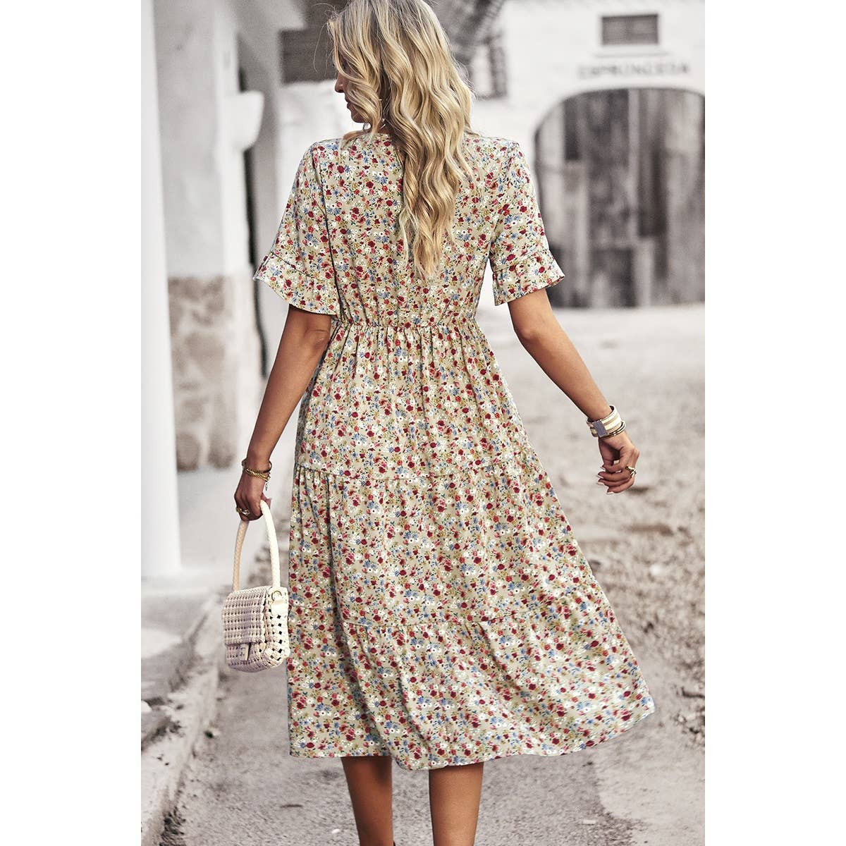 Floral Print Fit Ruffle Sleeve Midi Dress