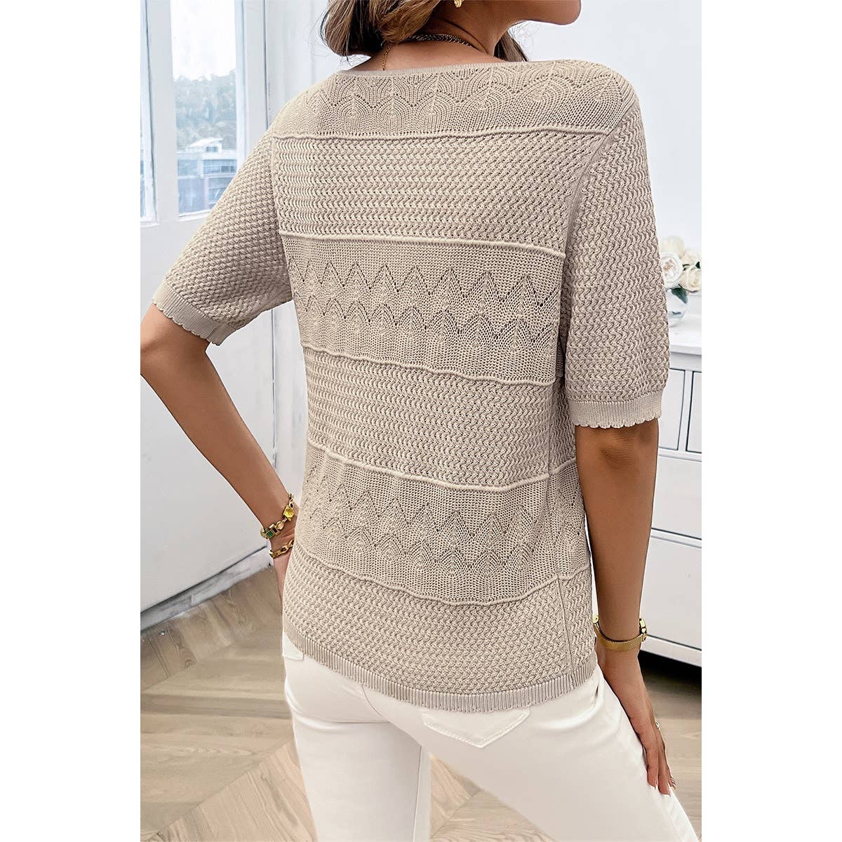 Crew Neck Hollow Lightweight Weaved Sweater Shirt