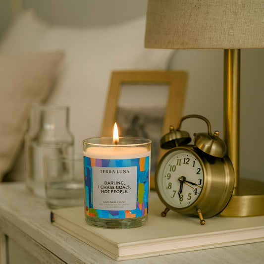 Boxed Candle - Blue Glass "Chase Goals Not People", 7 Oz