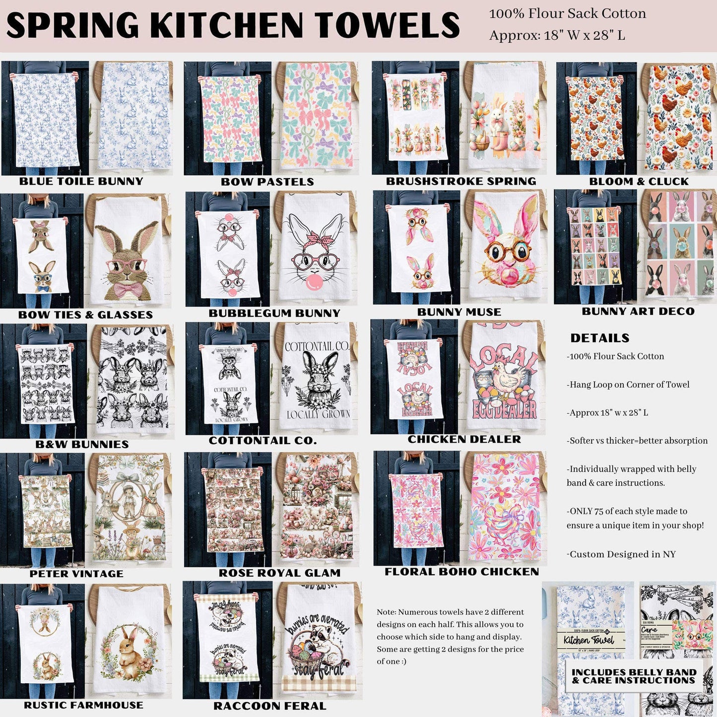 Bubblegum & Bow Pink Easter Bunny & Spring Kitchen Towels